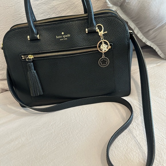 SOLD - Kate Spade Black Pebbled leather satchel with Charm or Bag scarf - Picture 6 of 16